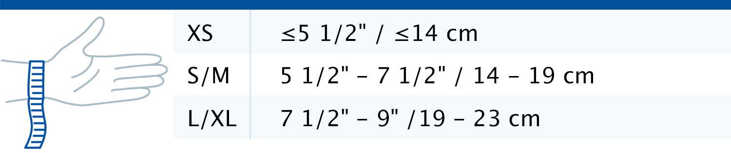 Size chart showing measurements for Actimove Professional Line Manus Forte Wrist Brace
 Size chart showing measurements for Actimove Professional Line Manus Forte Wrist Brace